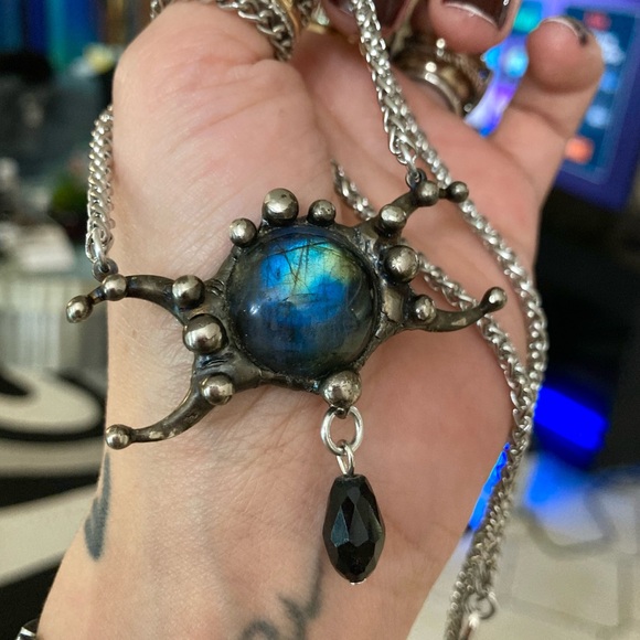 Natural labradorite gemstone triple moon goddess charm boho goth necklace . - Picture 3 of 12